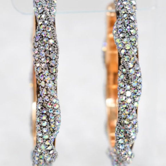 3" Boho Braid Twist AB Rhinestone Hoop Earrings - Picture 2 of 11